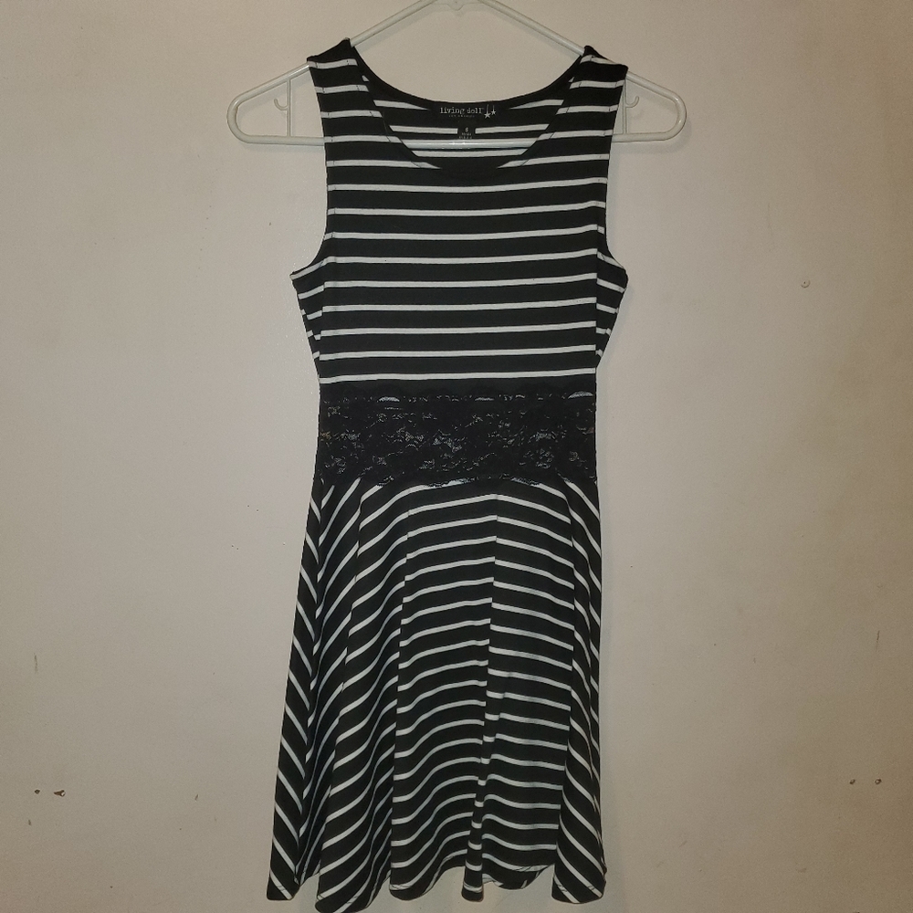 Striped Black and White Dress with Lace Waist